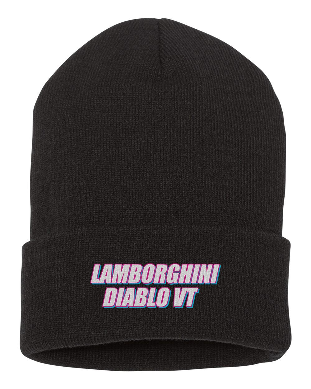 Lamborghini Diablo Vt black beanie front view with car name
