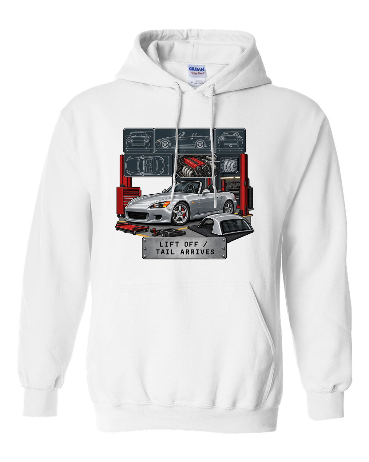 Spec sheet data plate print of a 1999 Honda S2000 AP1 roadster with lift off tail arrives text white pull over hoodie front view with the design