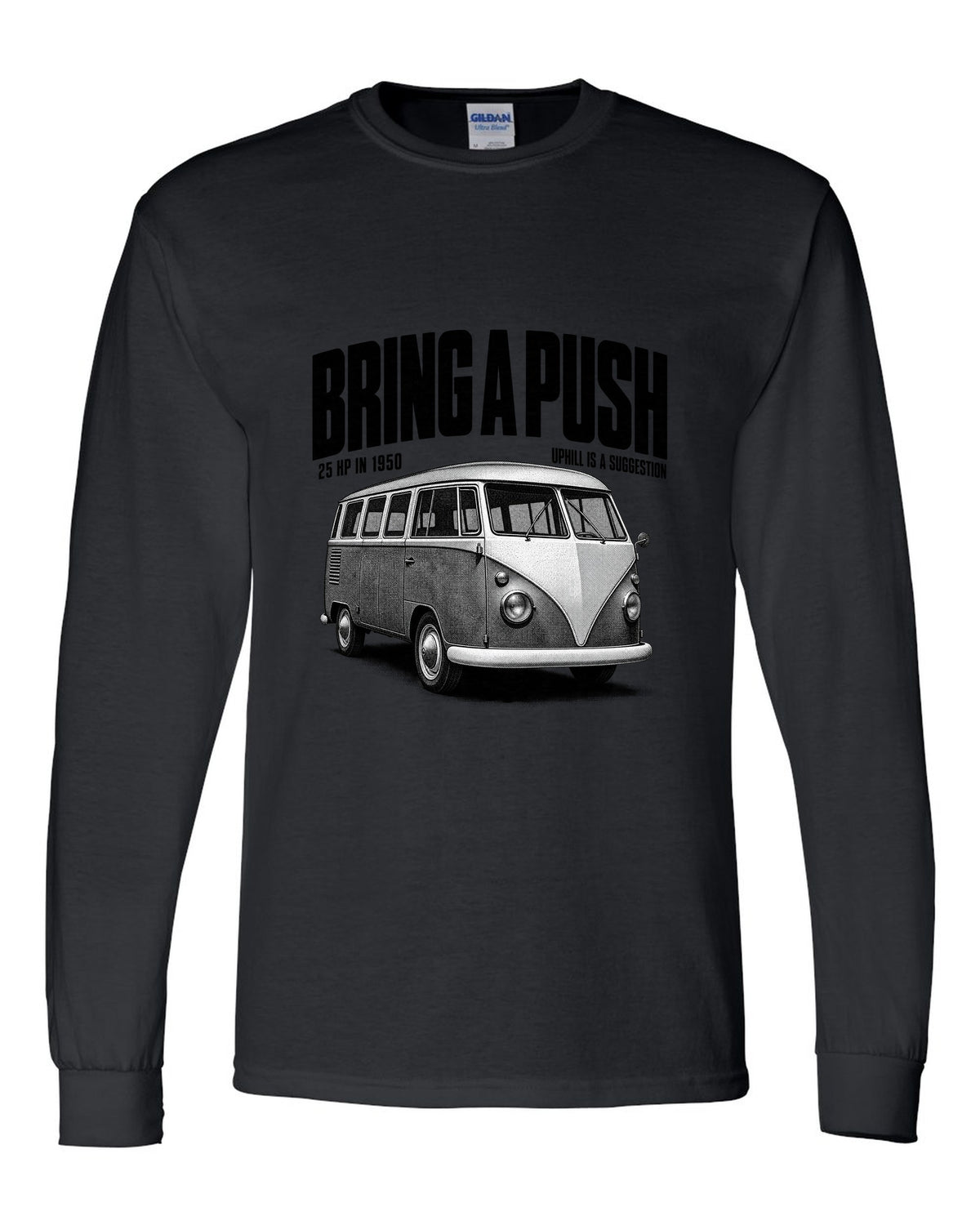 Halftone print of a VW T1 split-window microbus with bring a push text black long sleeve front view with the design