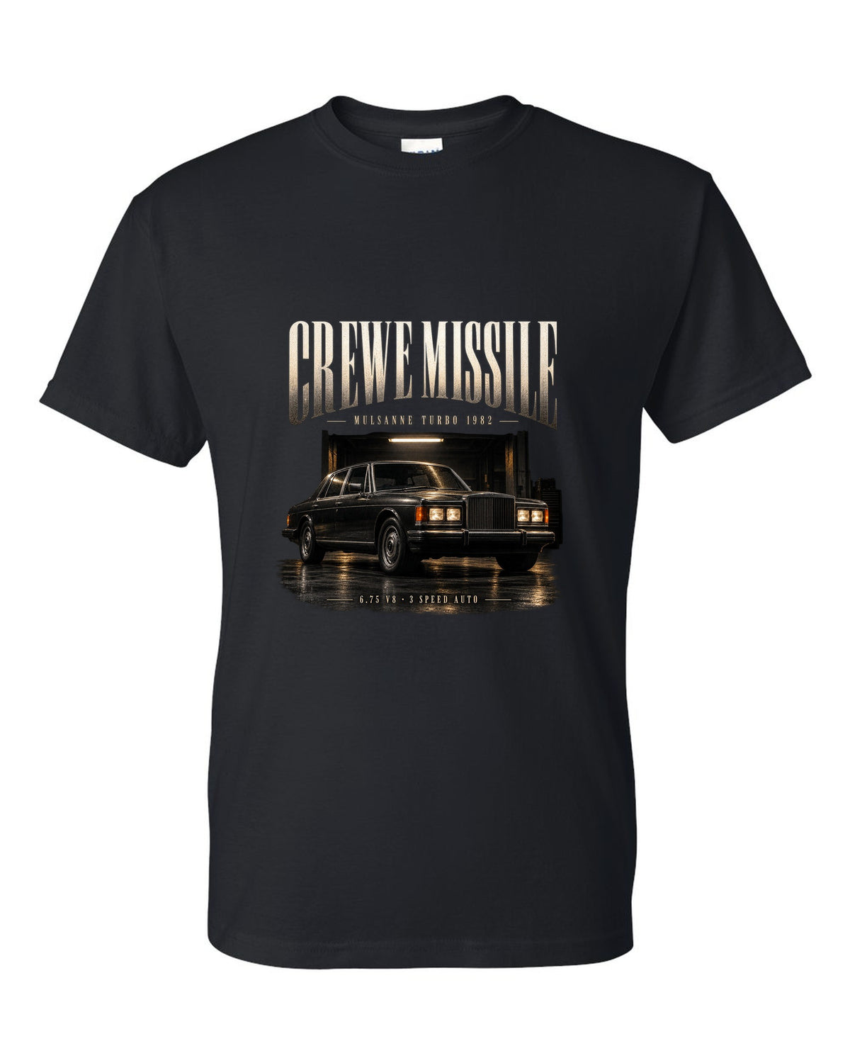 Bentley Mulsanne Turbo 1982 in a garage at night black t-shirt front view with the design