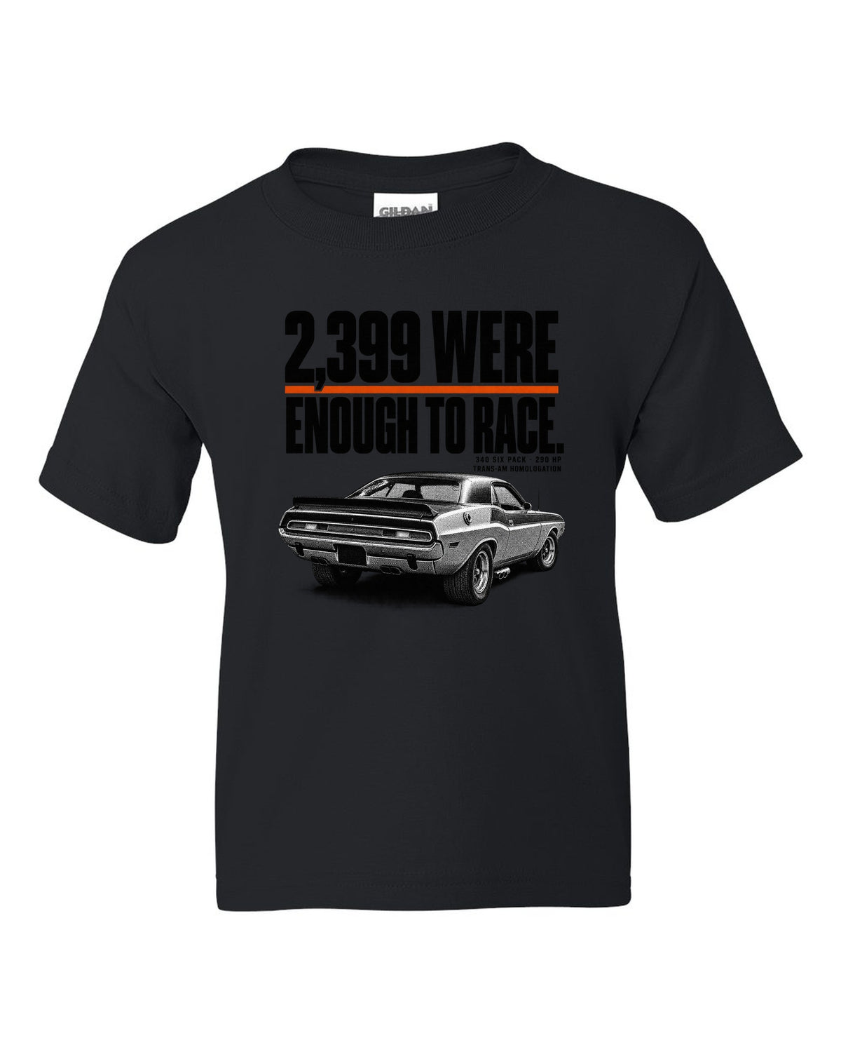 1970 Dodge Challenger T/A halftone print with 2,399 built and 340 Six Pack lettering black kids tee front view with the design