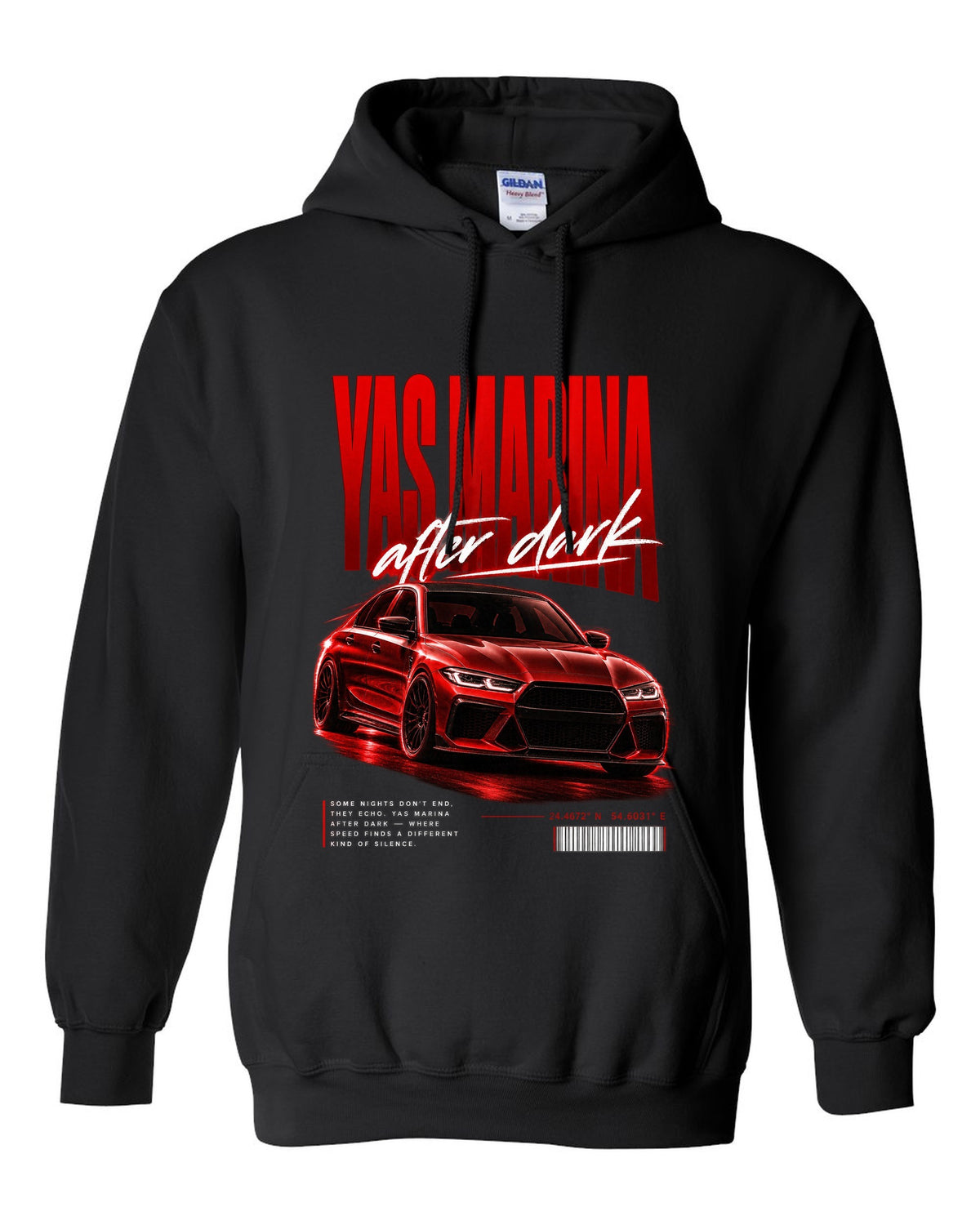 BMW F80 M3 sedan night street poster print with Yas Marina lettering black pull over hoodie front view with the design