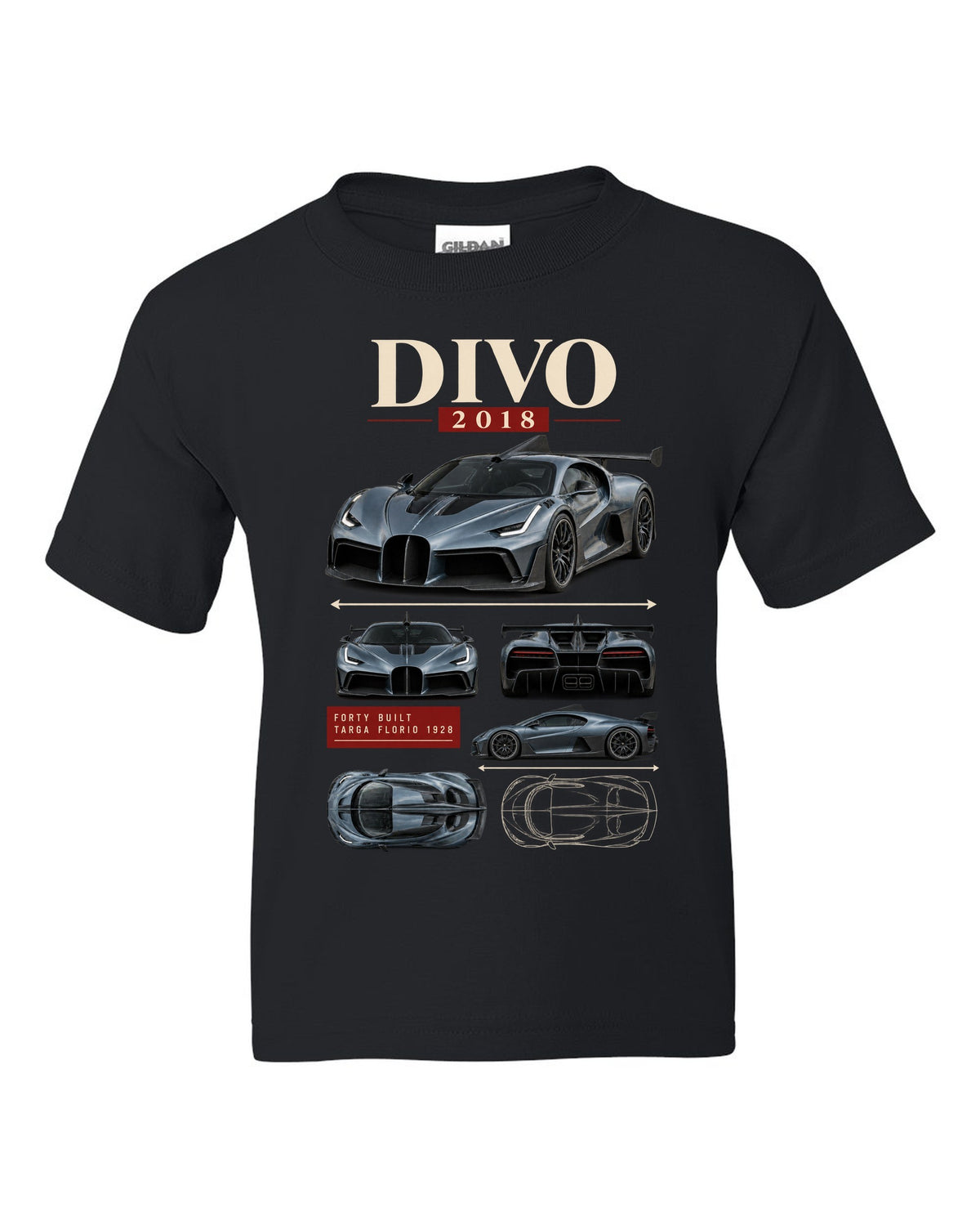 Archive panel design of the Bugatti Divo 2018 with Targa Florio 1928 text, print black kids tee front view with the design