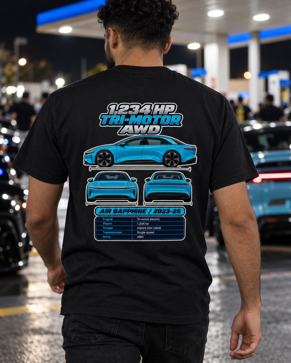 Lucid Air Sapphire Spec Sheet Full-Back Graphic Tee T-Shirt Black worn hero