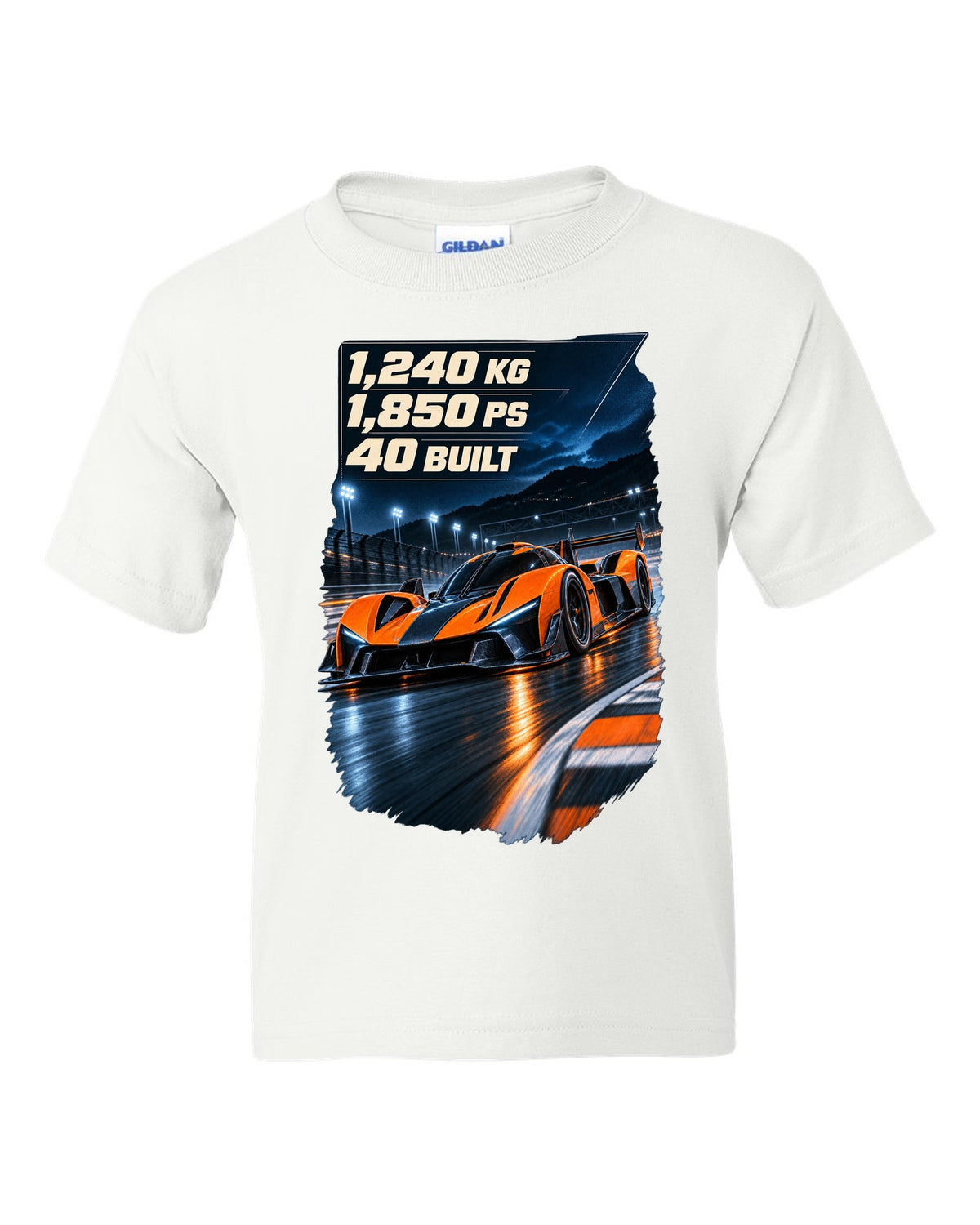 Bugatti Bolide track car at night print with weight and power figures white kids tee front view with the design