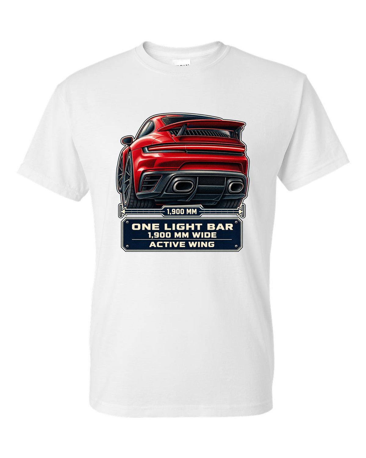 Taillight macro print of a Porsche 992 Turbo S with light bar and wing white t-shirt front view with the design