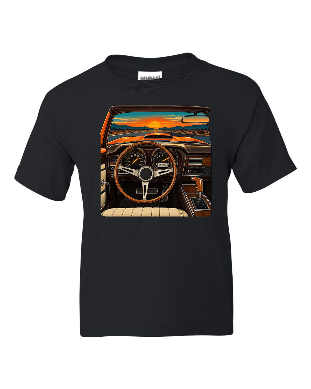 Retro dashboard illustration of a 1971 Dodge Charger Super Bee with six pack carb caption black kids tee front view with the design