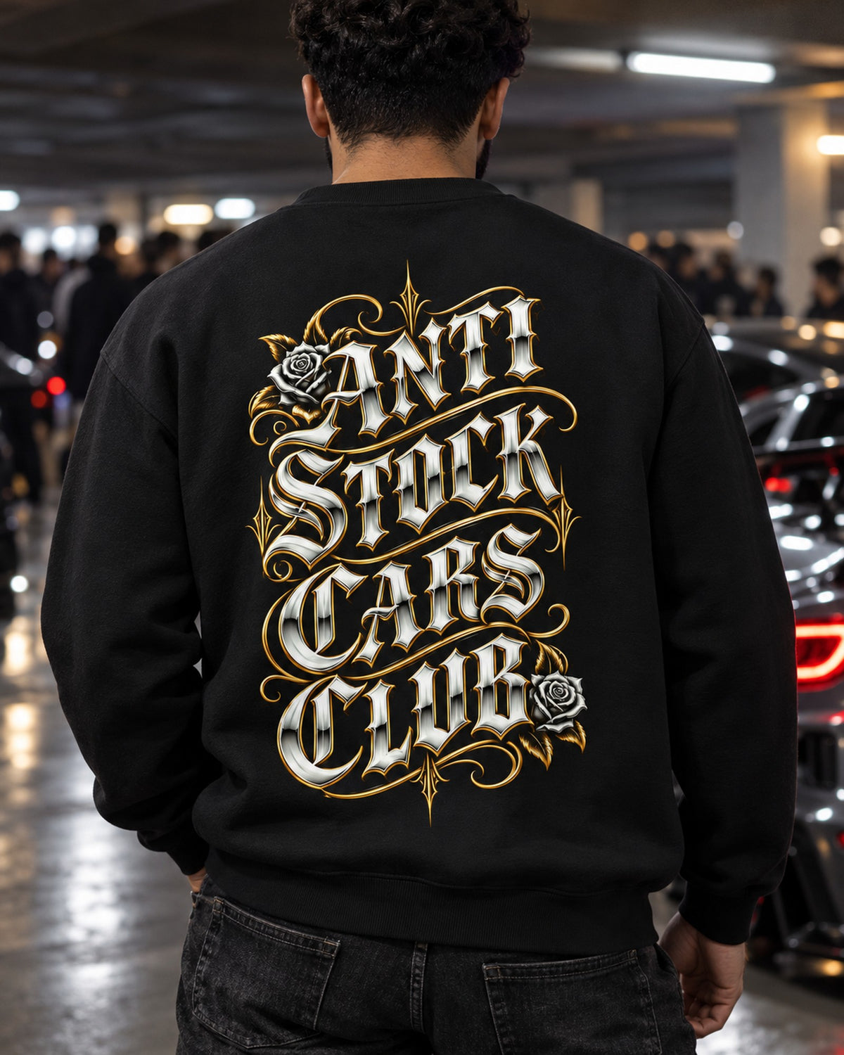 Anti Stock Cars Club Lowrider Script Shirt, Hoodie & More Crewneck Black worn hero