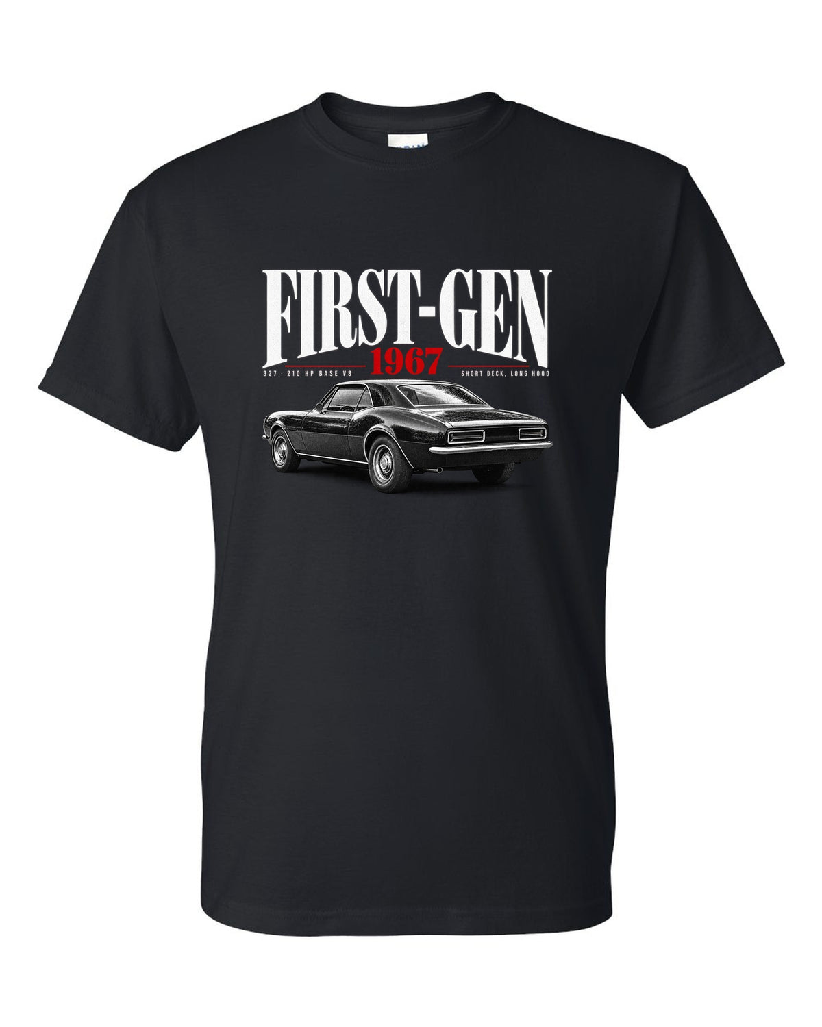 Editorial-style print of a 1967 Chevrolet Camaro RS with first-gen and 327 V8 caption black t-shirt front view with the design