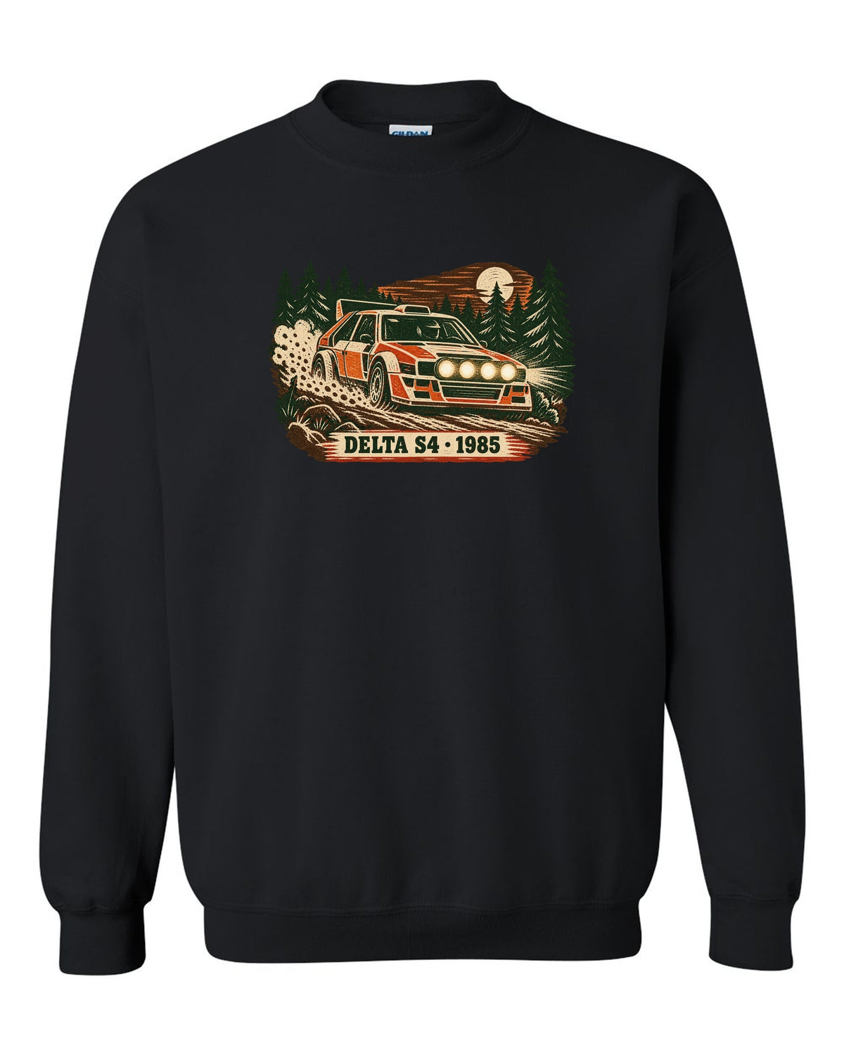 Multi-block linocut print of a 1985 Lancia Delta S4 on a forest rally stage black crewneck front view with the design