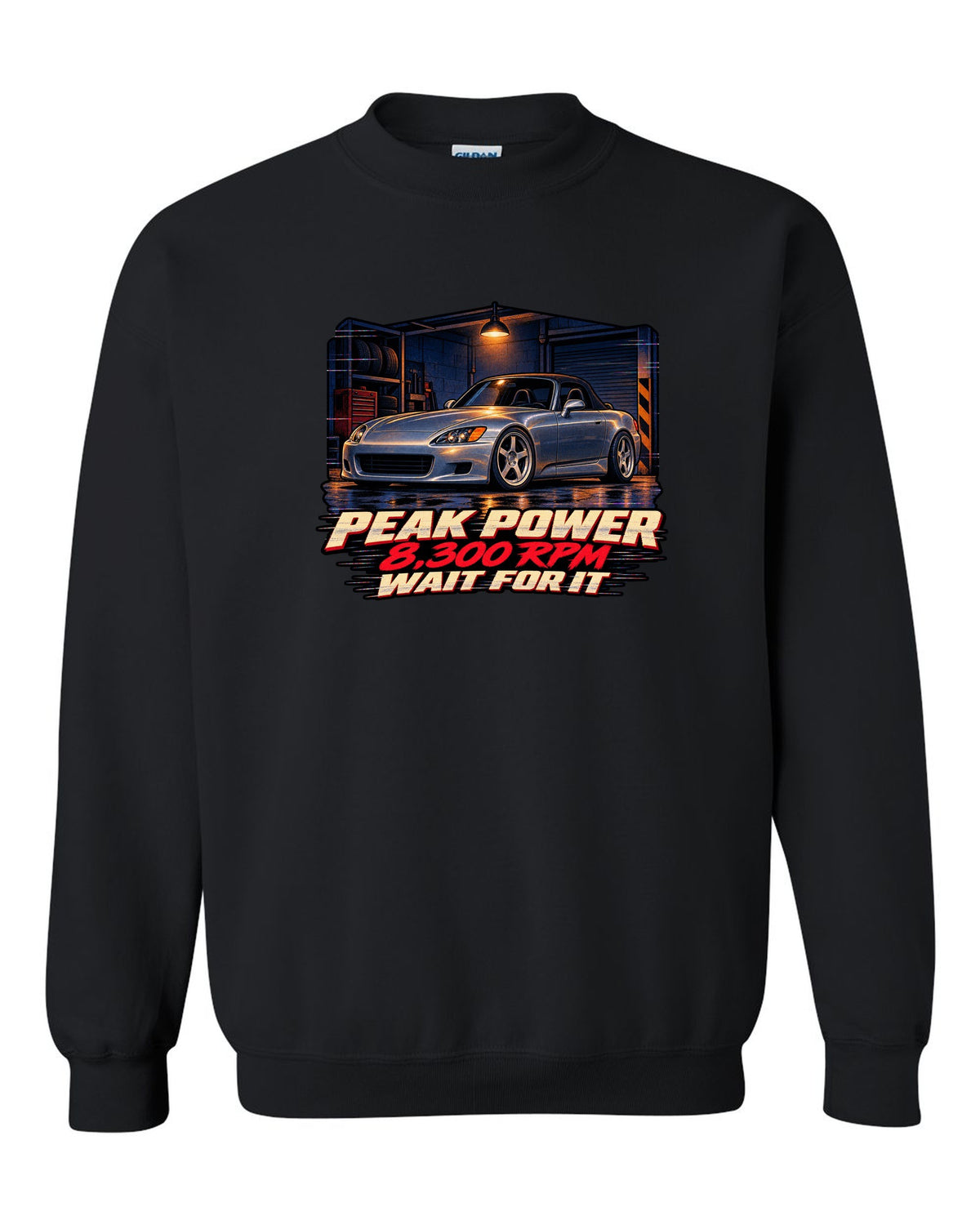 Lo-fi VHS cover style print of a Honda S2000 AP1 with 8,300 RPM wait for it text black crewneck front view with the design