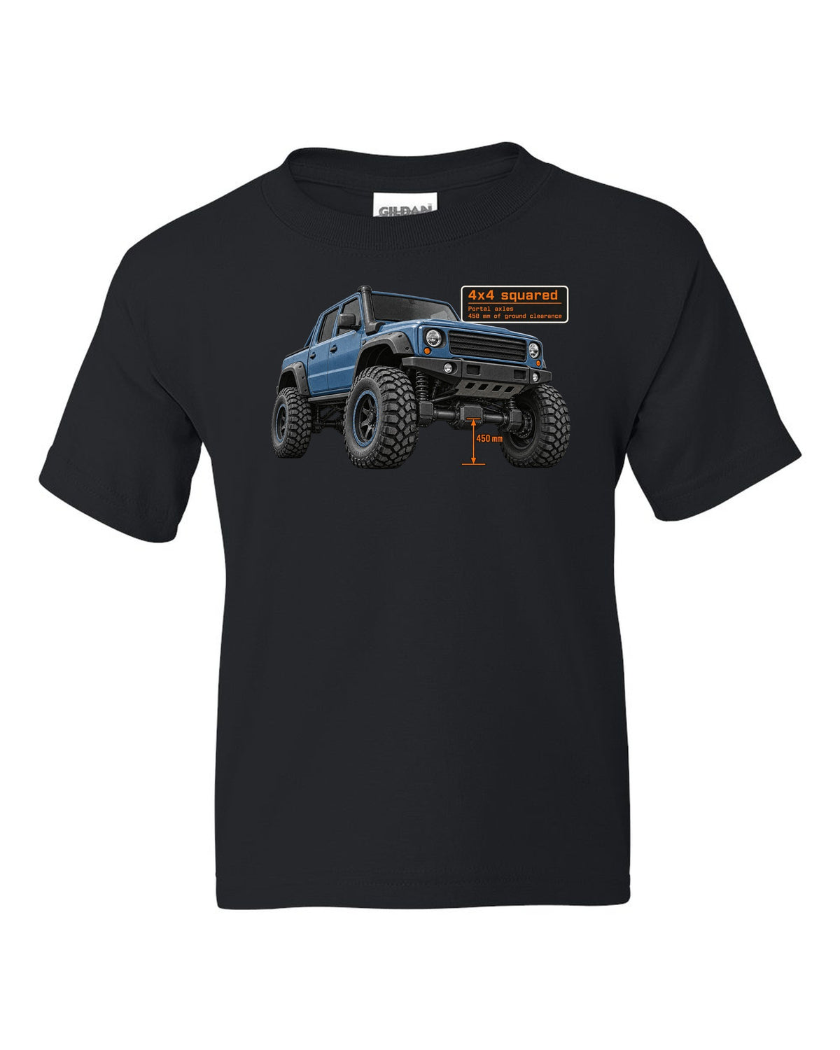 Halftone print of a Mercedes-AMG G63 4x4 squared W463 black kids tee front view with the design