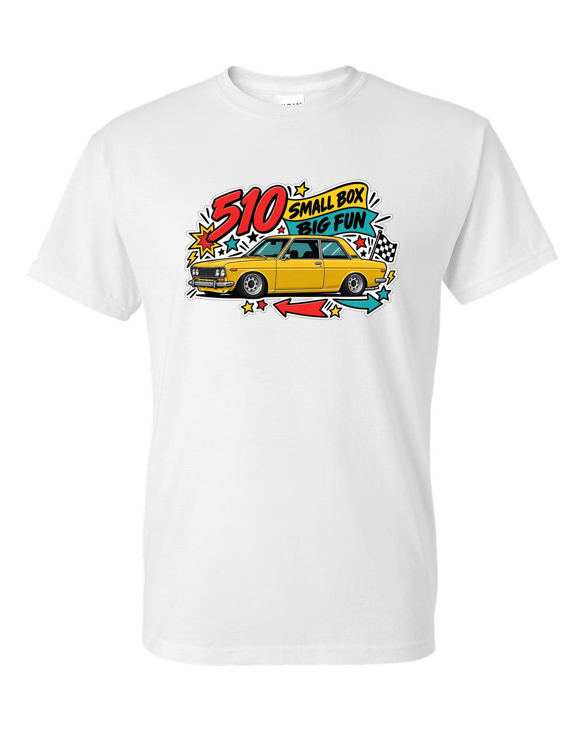 Sticker-bomb print for the Datsun 510 reading 510 Small Box Big Fun white t-shirt front view with the design