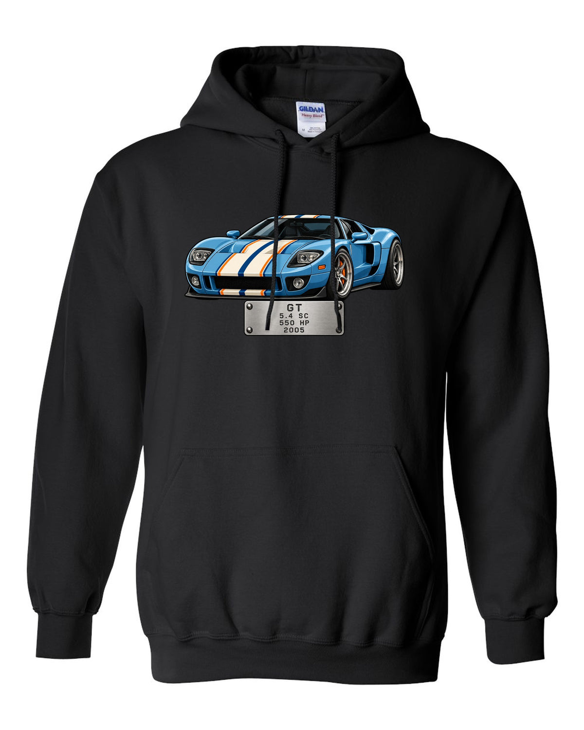 Spec-sheet data plate print for the 2005 Ford GT showing 5.4 SC, 550 HP black pull over hoodie front view with the design