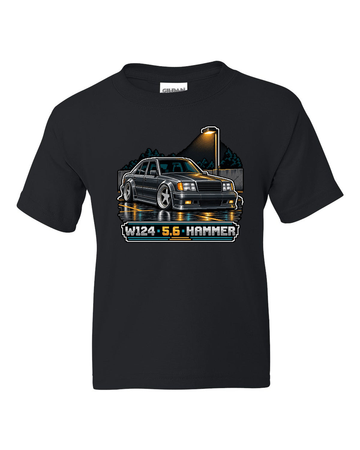 Pixel art Mercedes 300E 5.6 Hammer W124 parked in a car park black kids tee front view with the design