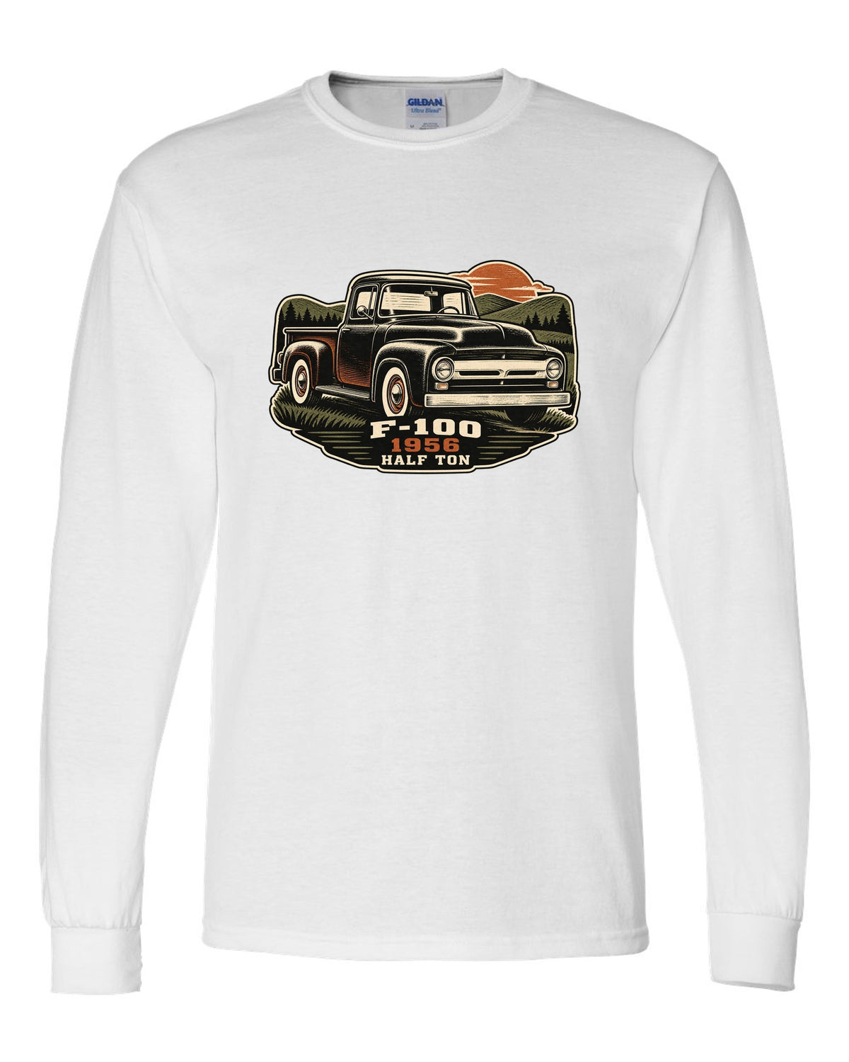 Dusk linocut print of a 1956 Ford F-100 pickup with Half Ton lettering white long sleeve front view with the design