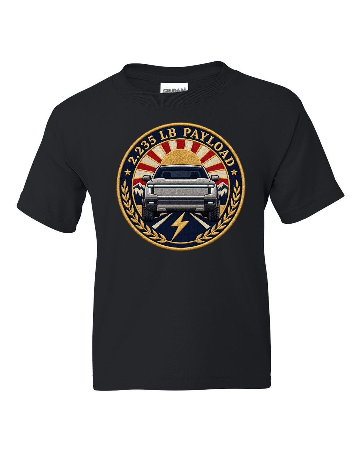Ford F-150 Lightning embroidery-style round crest with 2,235 lb payload text black kids tee front view with the design