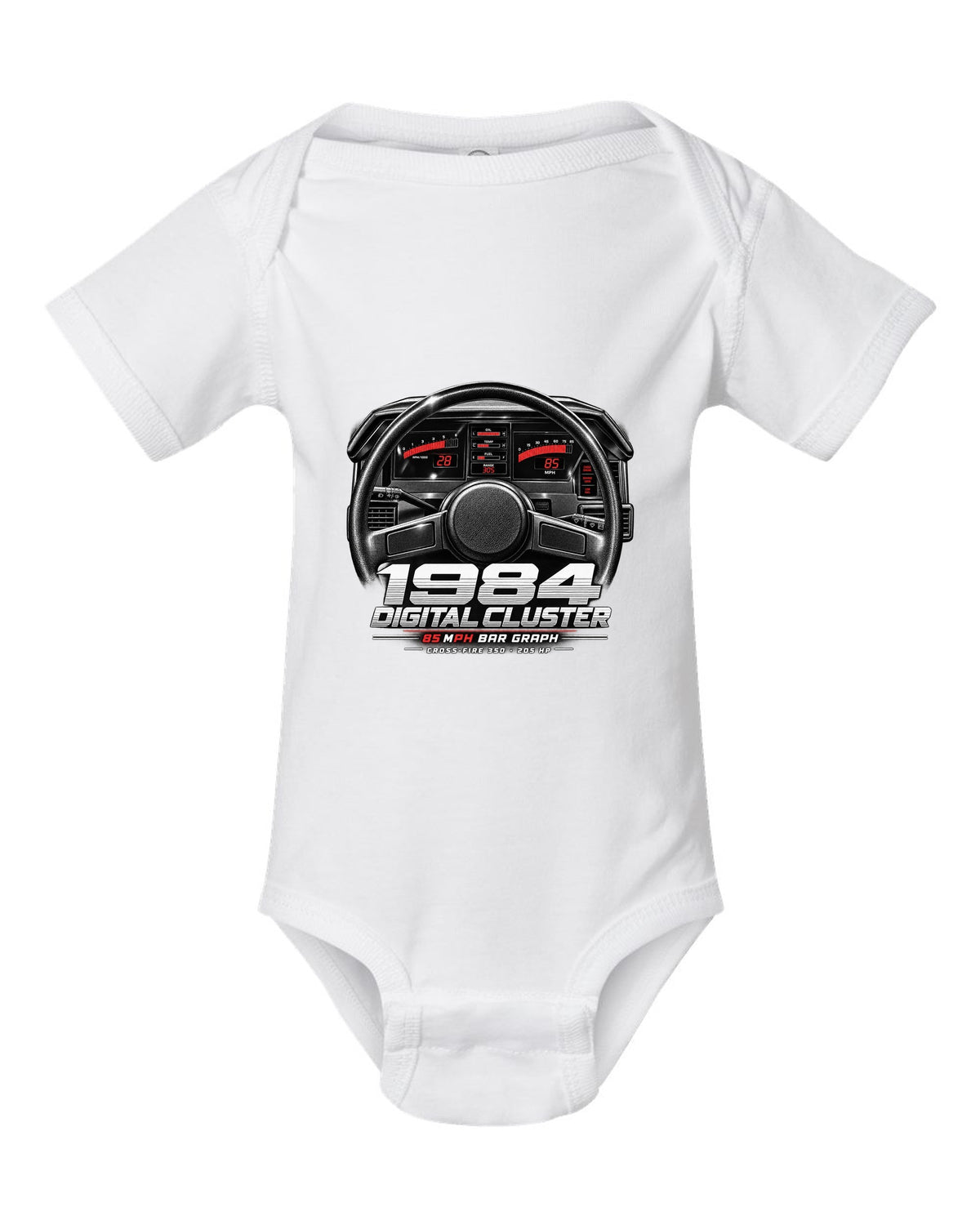 Chevrolet Corvette C4 1984 digital dash cluster cockpit print white baby onesie front view with the design