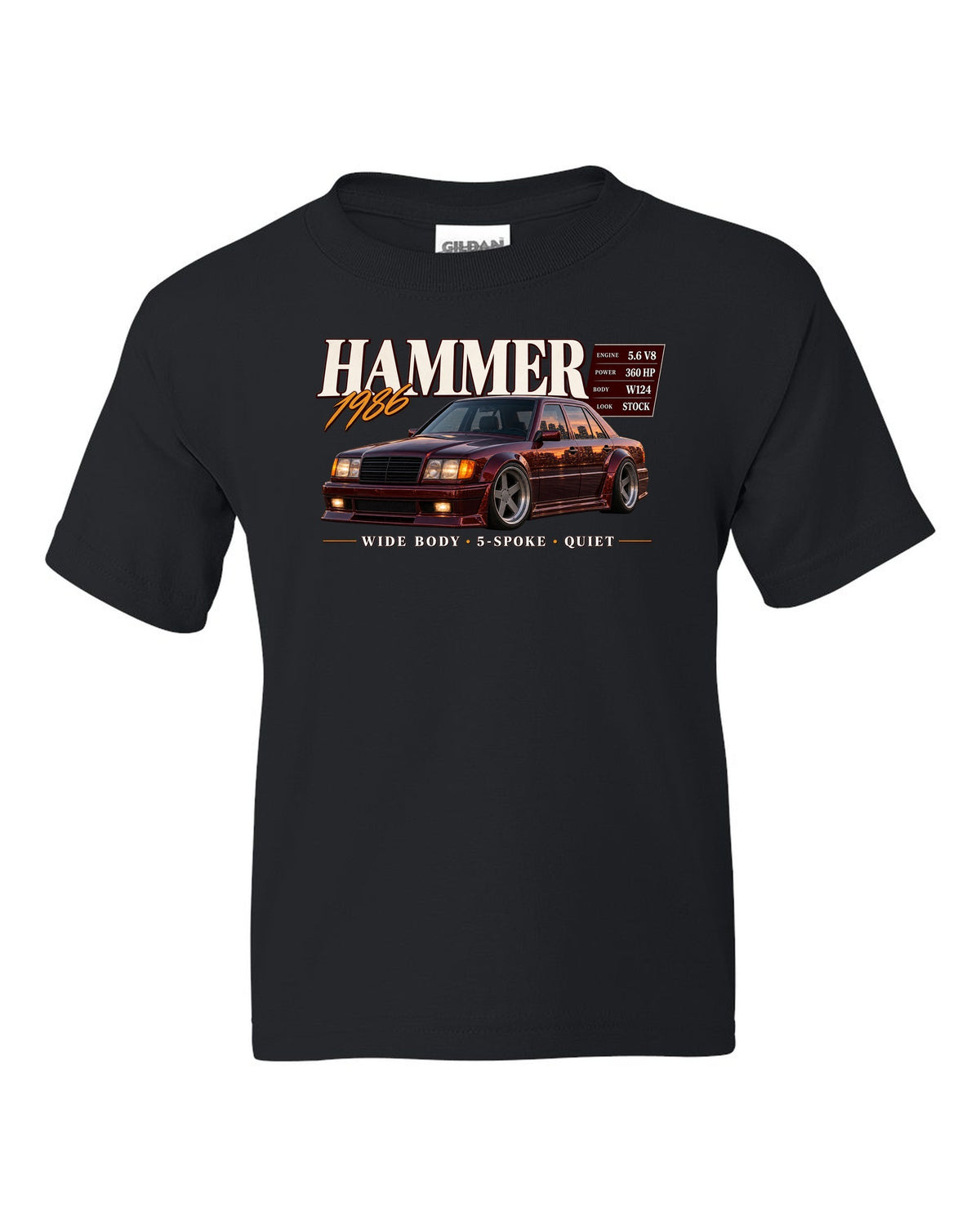 print archive panel of a Mercedes W124 300E 5.6 Hammer with text 5.6 V8 sleeper wide body black kids tee front view with the design