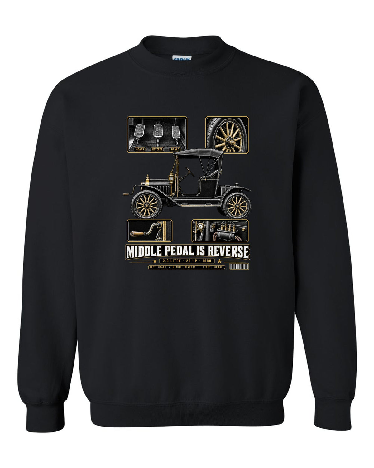 Dossier panel print of a Ford Model T runabout showing its three pedals black crewneck front view with the design