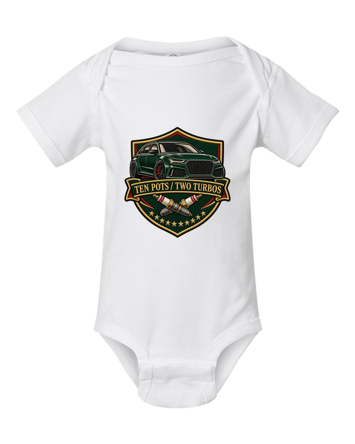 Varsity-style crest design of the Audi RS6 Avant C6 4F with ten pots two turbos lettering white baby onesie front view with the design