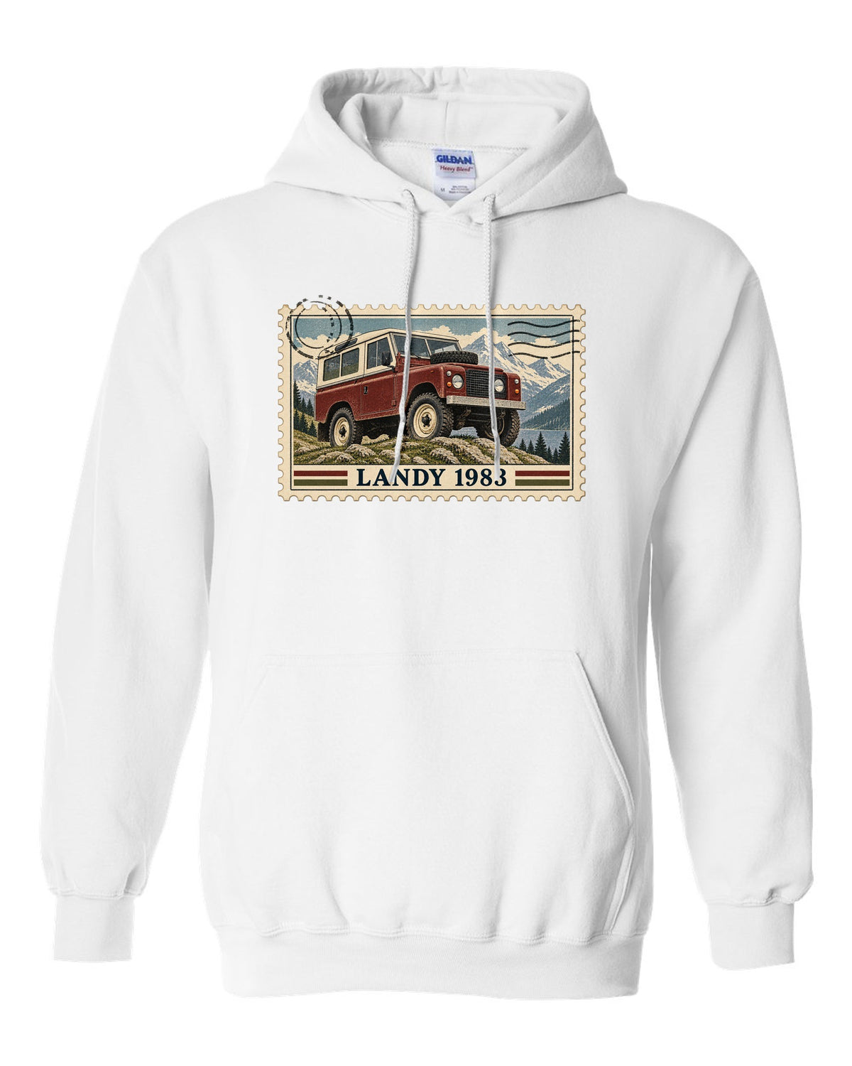 Vintage postage stamp print with perforated edge showing a Land Rover Defender 110, Landy 1983 white pull over hoodie front view with the design