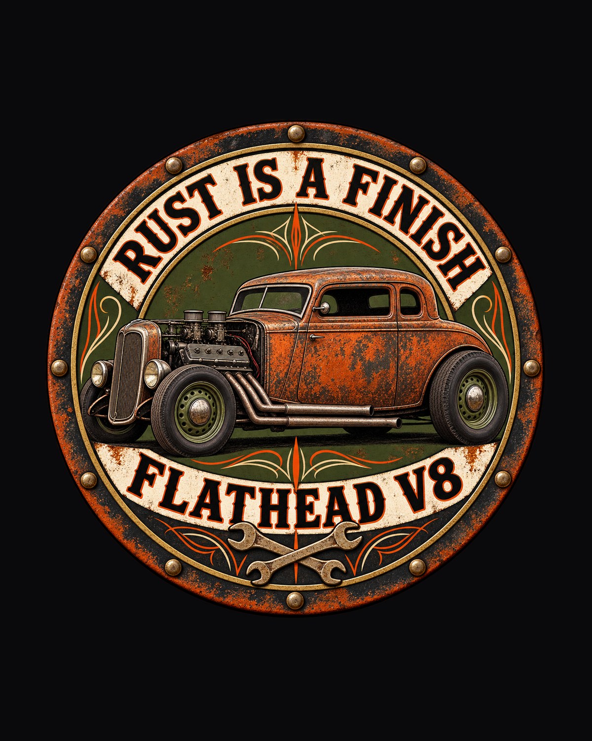 Rat Rod Flathead V8 Rust Is A Finish Round Crest Shirt design only