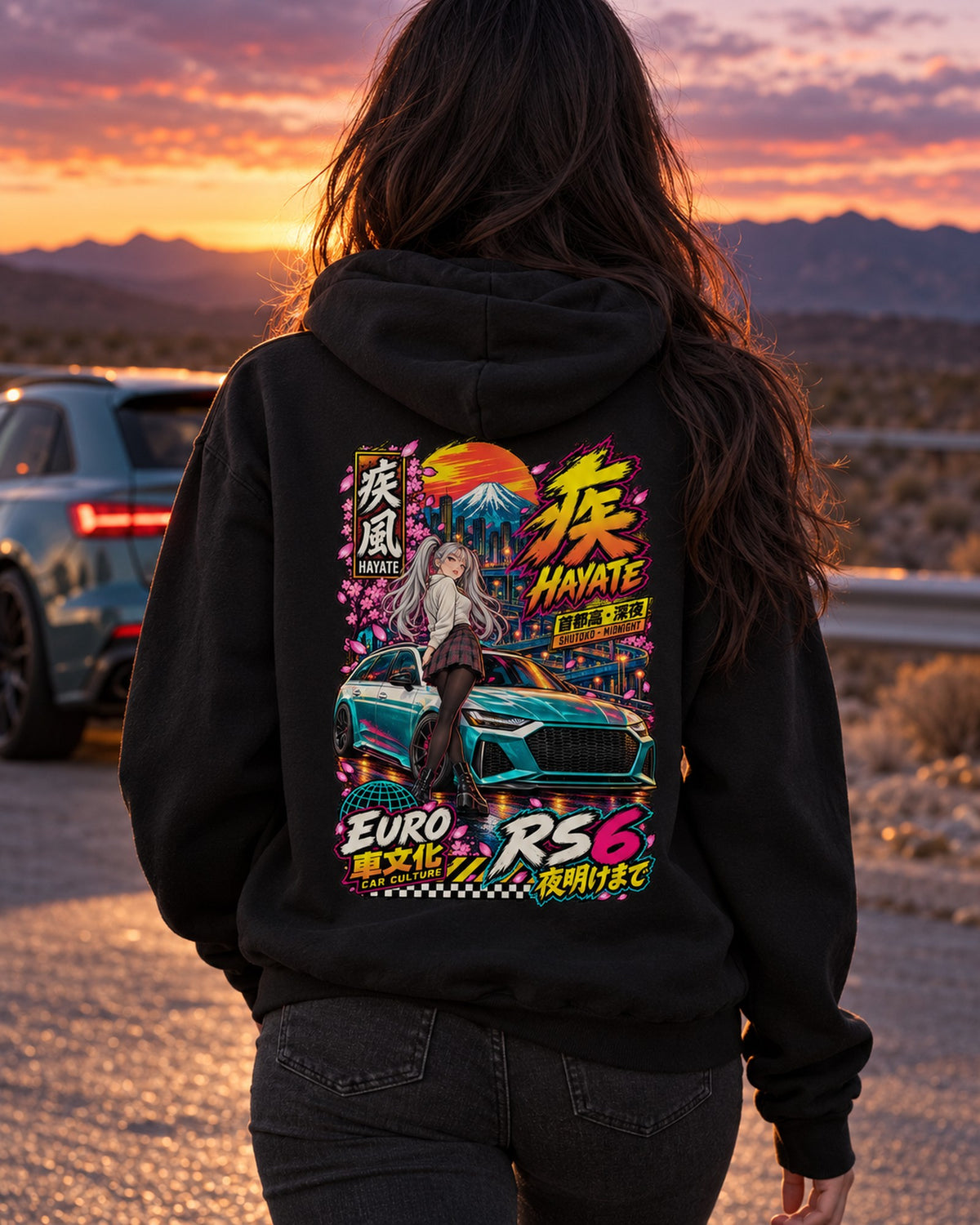 HAYATE RS6 Anime Girl Full-Back Graphic Tee Pull Over Hoodie Black worn hero