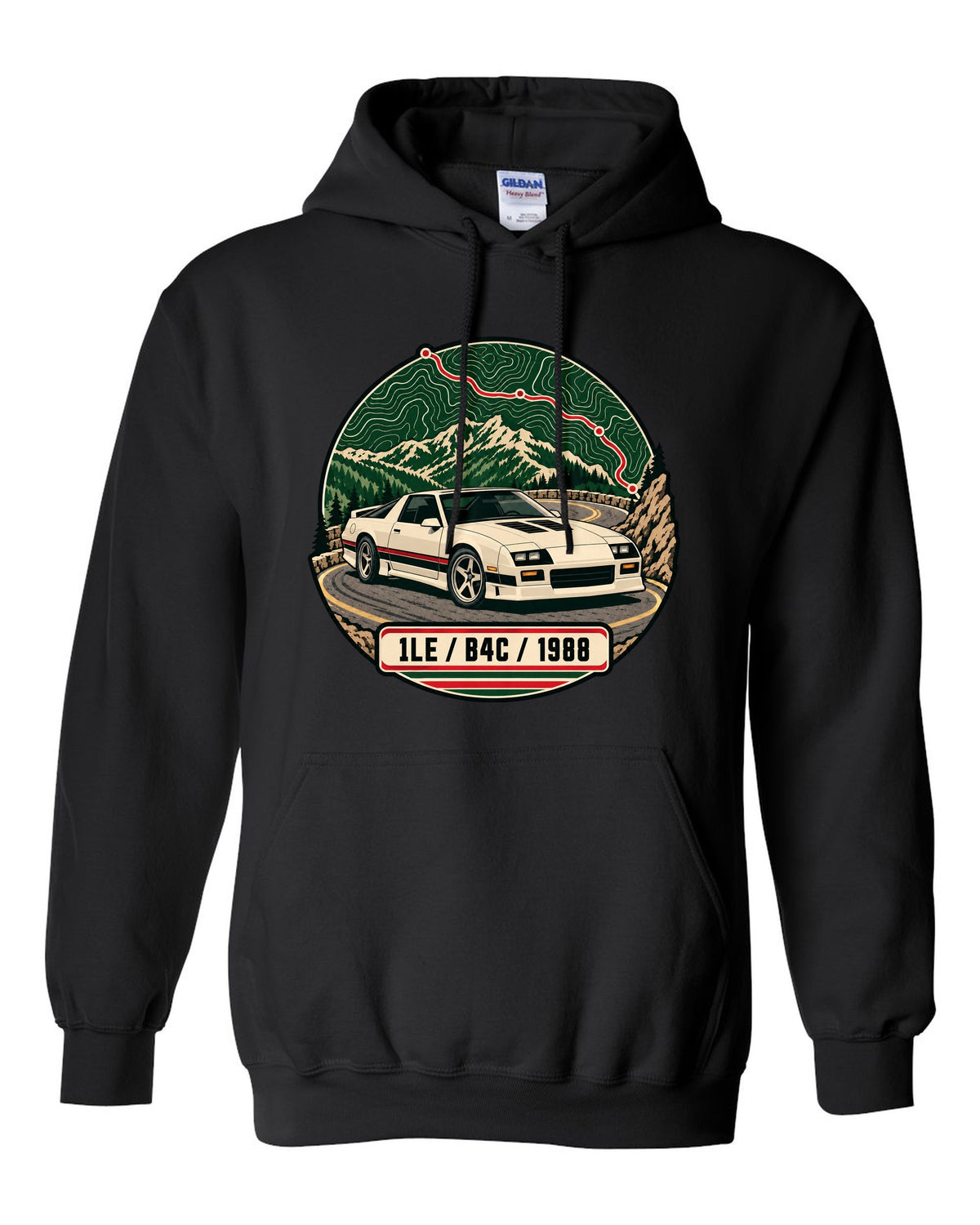 1988 Chevrolet Camaro 1LE topographic route map print with 1LE B4C 1988 text black pull over hoodie front view with the design