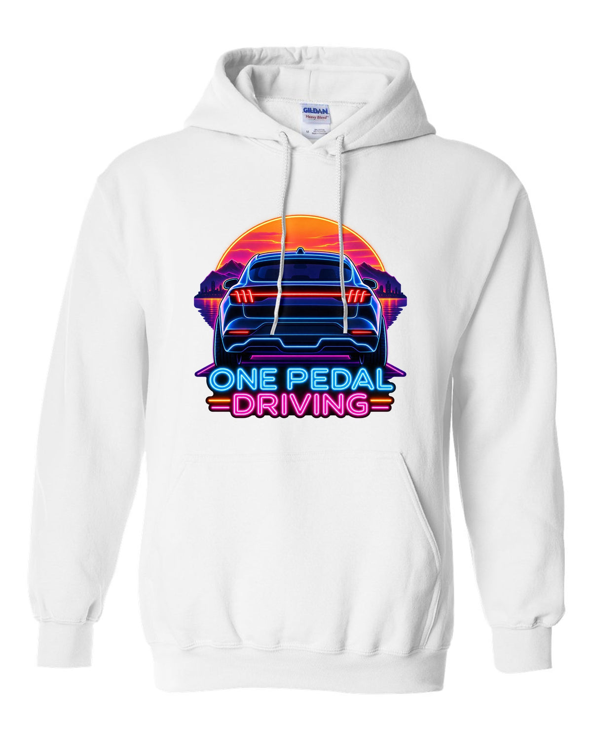 Neon sign print of the 2020 Mustang Mach-E CX727 tail bar reading One Pedal Driving white pull over hoodie front view with the design