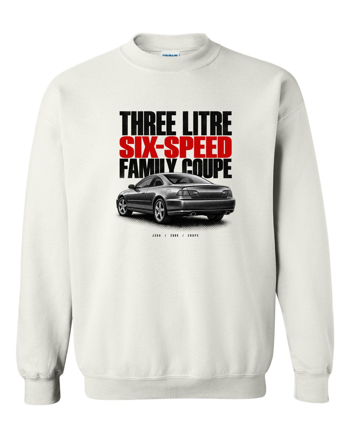 Halftone print for the 2005 Honda Accord V6 coupe reading three litre, six-speed, family coupe white crewneck front view with the design