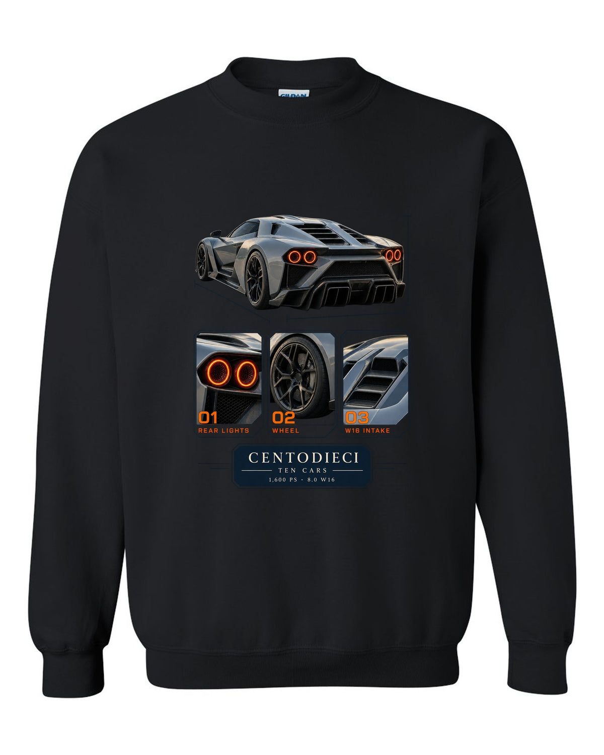 Dossier panel layout of the Bugatti Centodieci with ten-car text, print black crewneck front view with the design