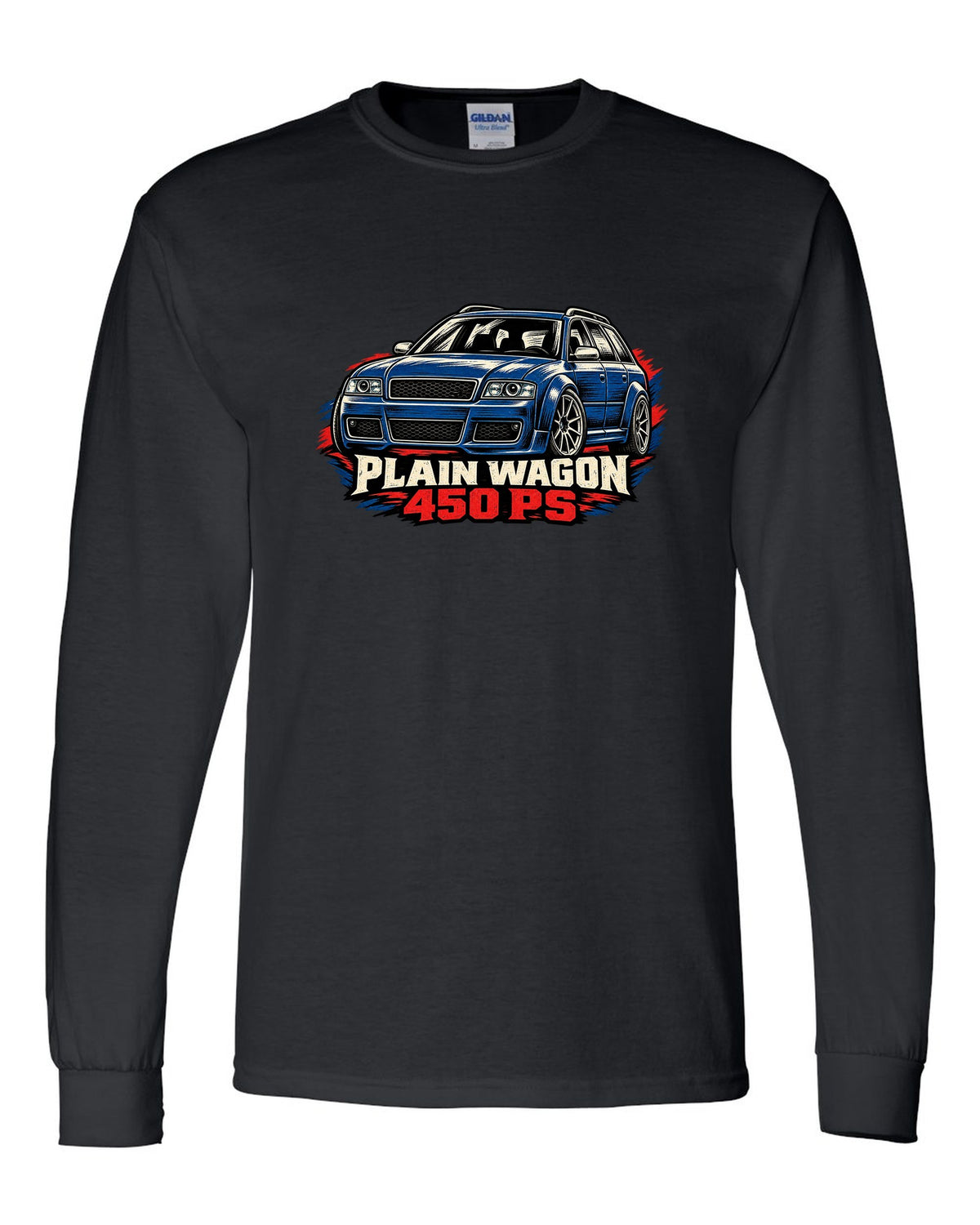 Linocut woodcut design of the Audi RS6 Avant C5 4B with plain wagon and 450 PS lettering black long sleeve front view with the design