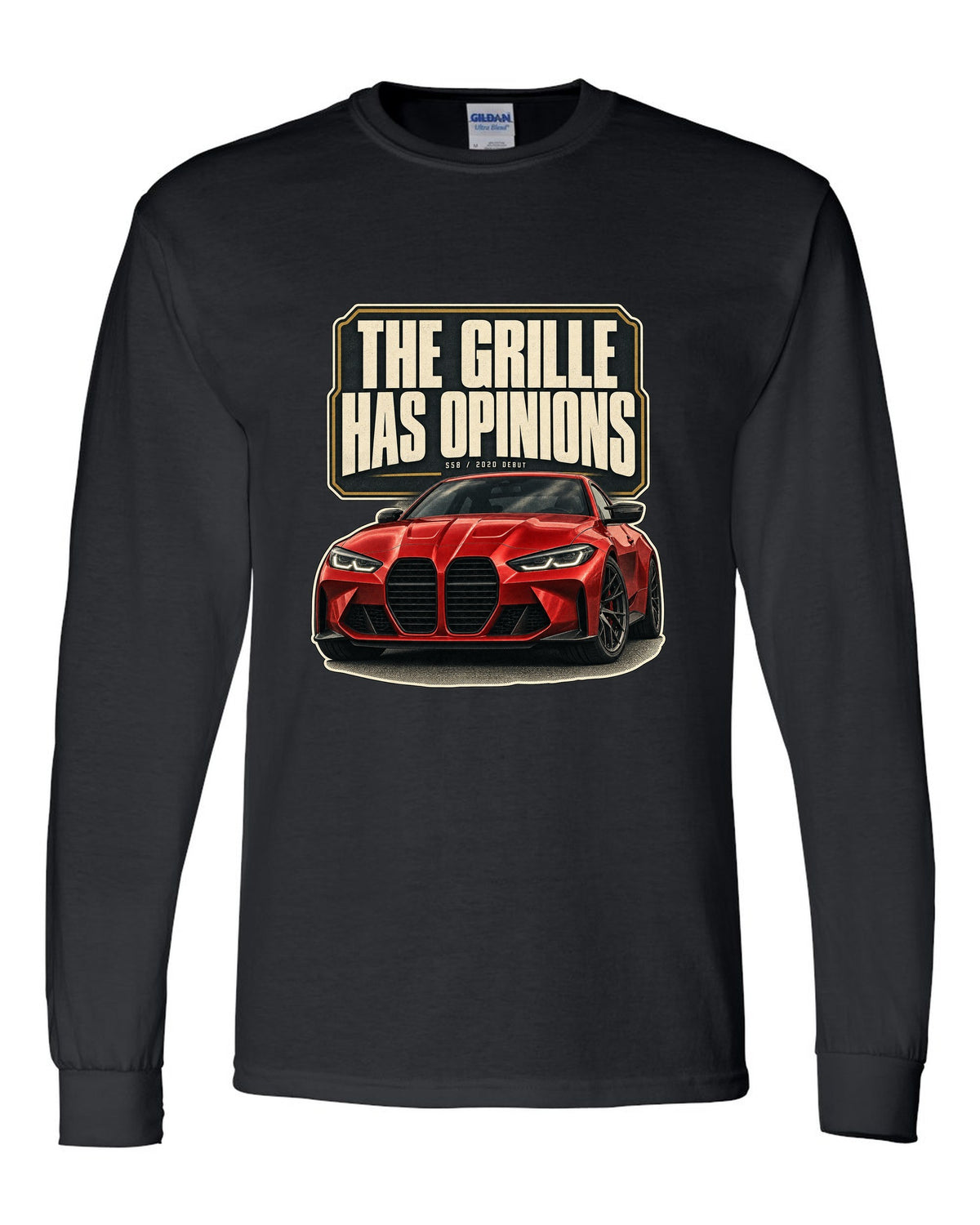 BMW M4 Competition G82 editorial headline print about the grille black long sleeve front view with the design