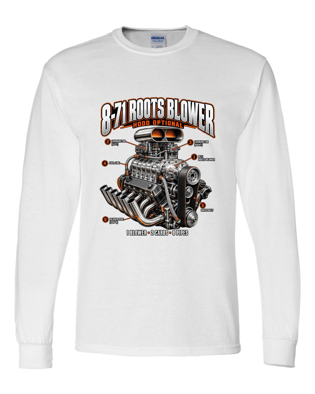 Engine callout print of a blown small-block V8 with 8-71 Roots blower white long sleeve front view with the design
