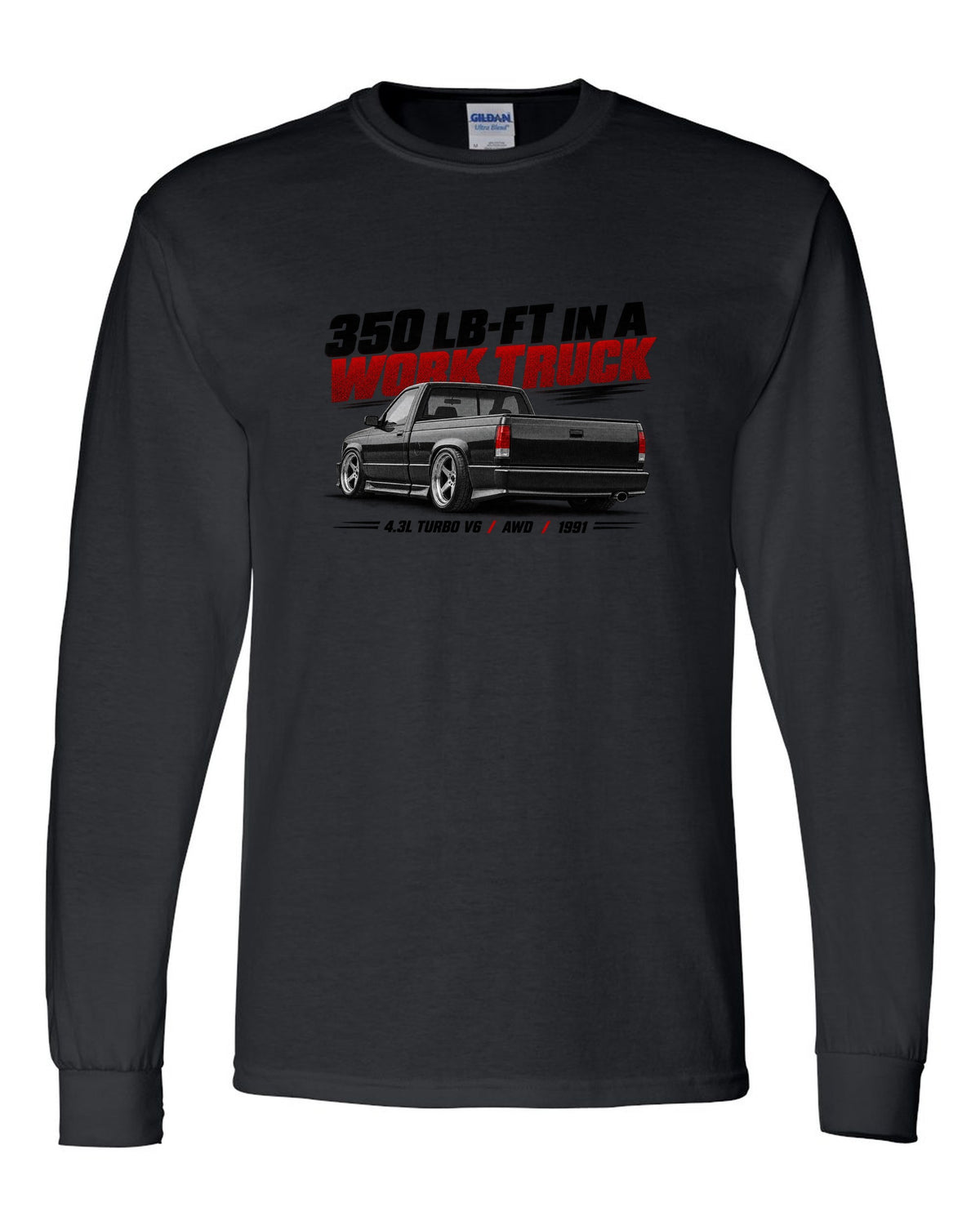 Halftone print of a 1991 GMC Syclone in a low rear three-quarter view black long sleeve front view with the design