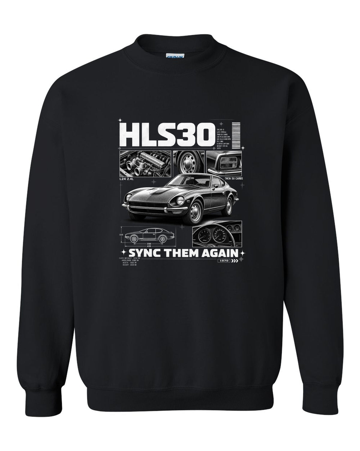 Dossier panel print of a 1970 Datsun 240Z HLS30 with L24 and twin SU carbs text black crewneck front view with the design