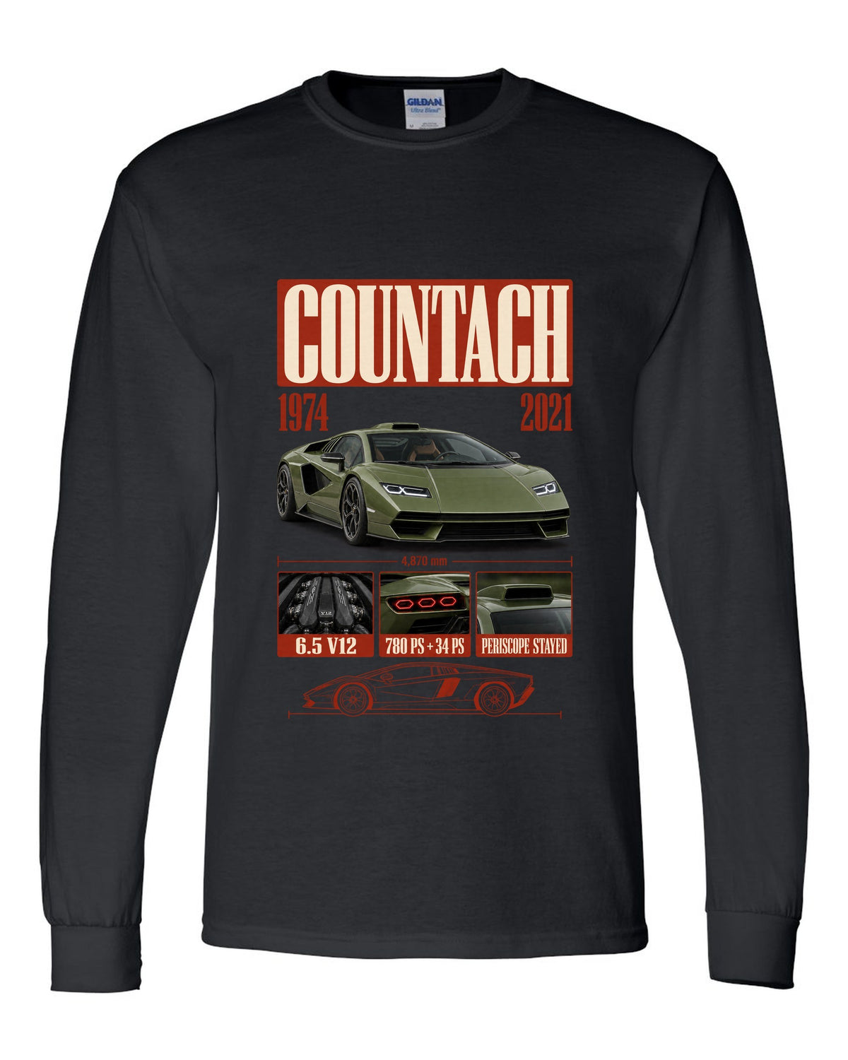 Lamborghini Countach LPI 800-4 archive panel print covering 1974 to 2021 with V12 specs black long sleeve front view with the design