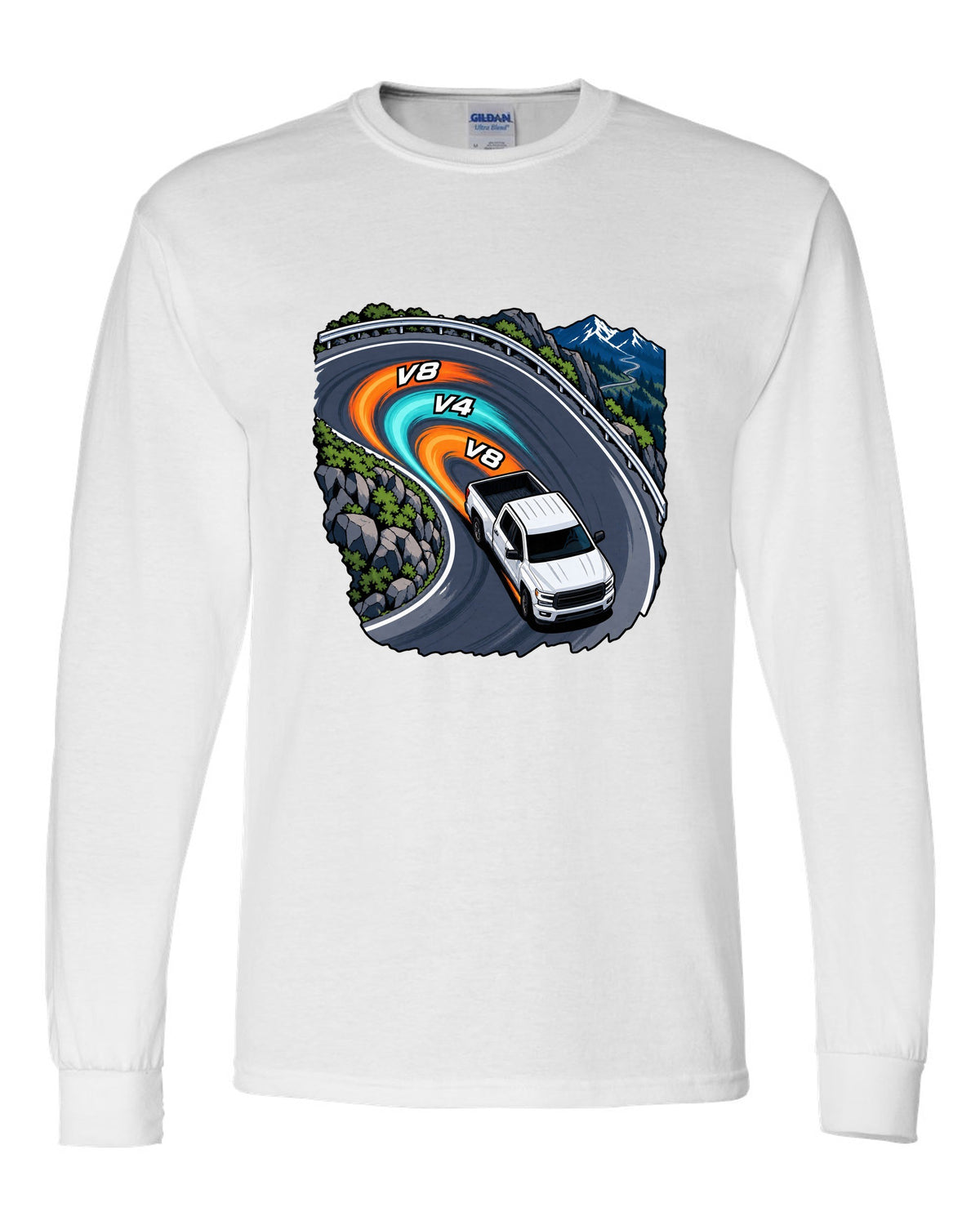 Cel-shaded anime night touge print of a 2007-2013 Chevrolet Silverado GMT900 with V8 V4 V8 text white long sleeve front view with the design