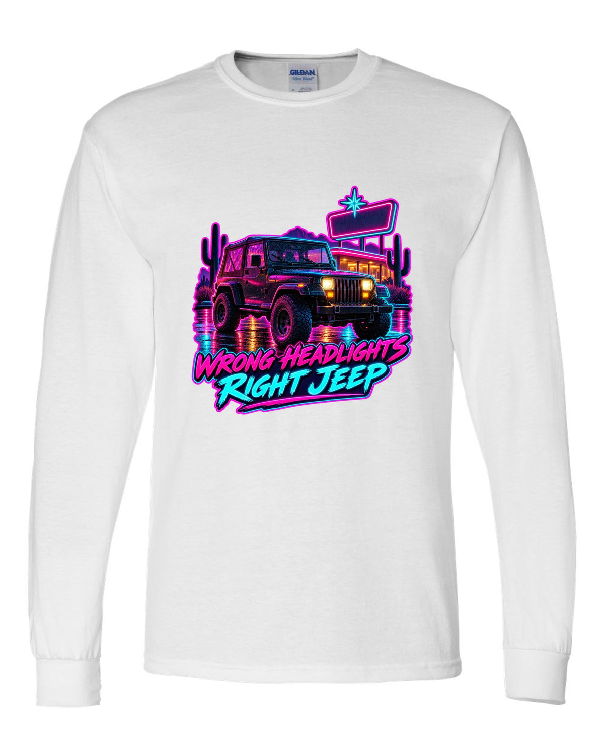 Synthwave diner scene illustration of a Jeep Wrangler YJ with WRONG HEADLIGHTS RIGHT JEEP lettering white long sleeve front view with the design