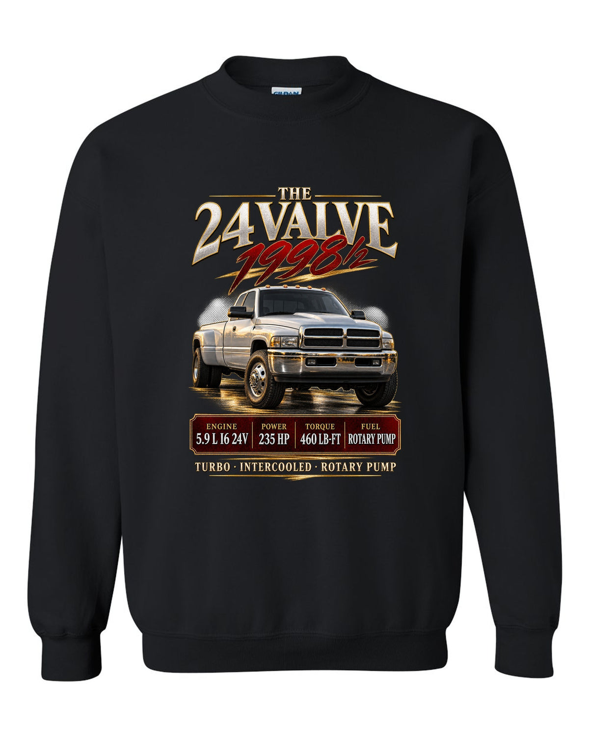 Archive panel of a 1998.5-2002 Ram 2500 2nd gen 24V with 235 HP and 460 lb-ft black crewneck front view with the design