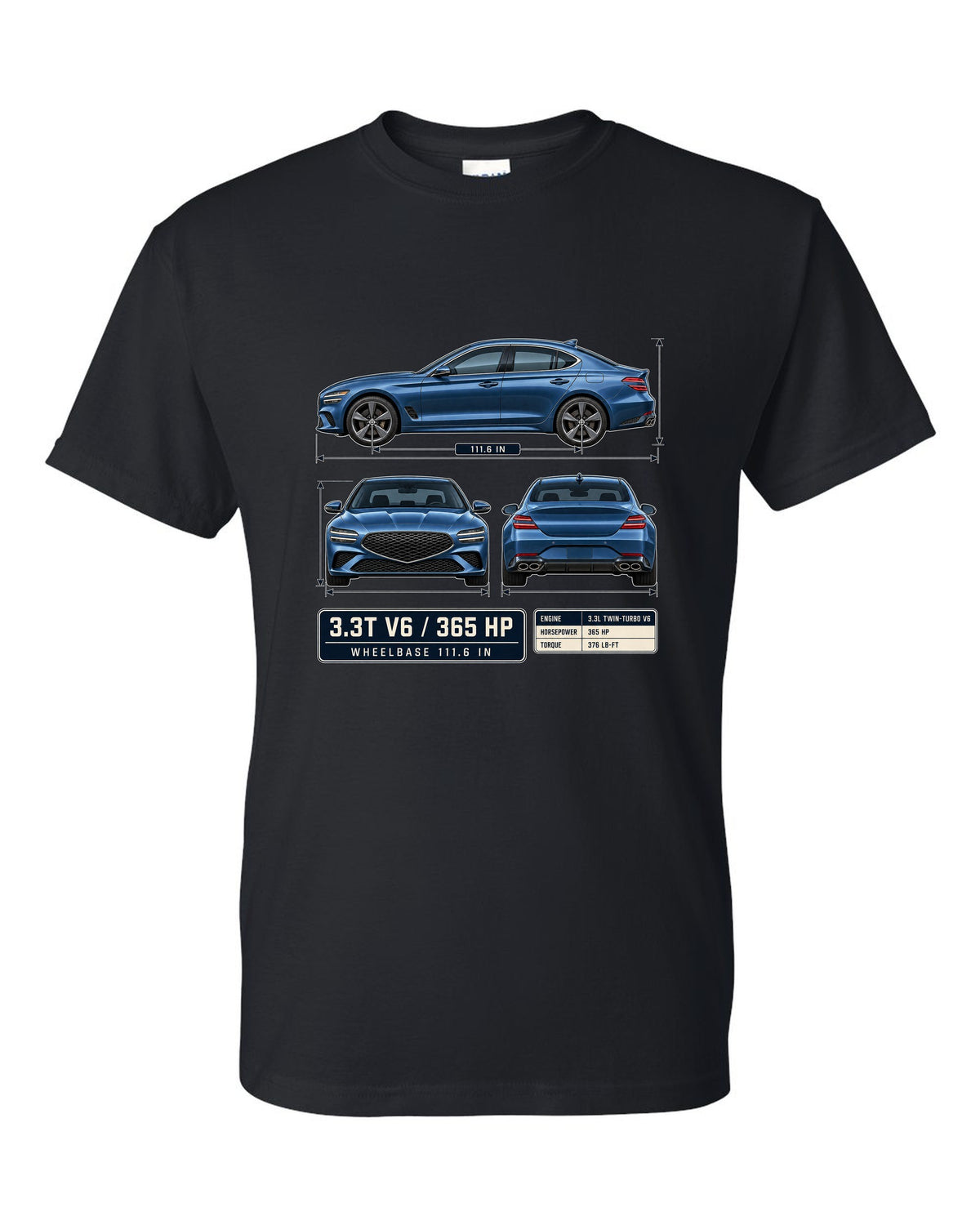 Dimension blueprint print of the Genesis G70 3.3T with V6 and 365 HP callouts black t-shirt front view with the design