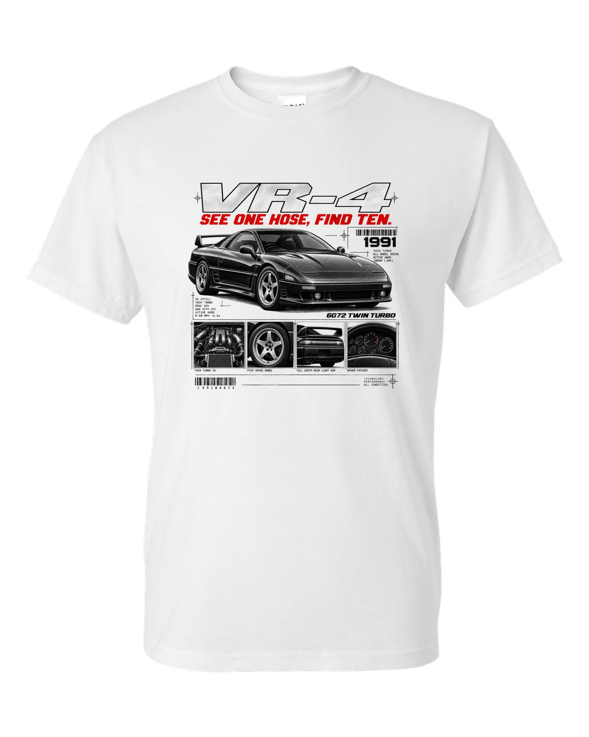 Mitsubishi 3000GT VR-4 Z16A dossier panel print with 6G72 twin turbo text white t-shirt front view with the design