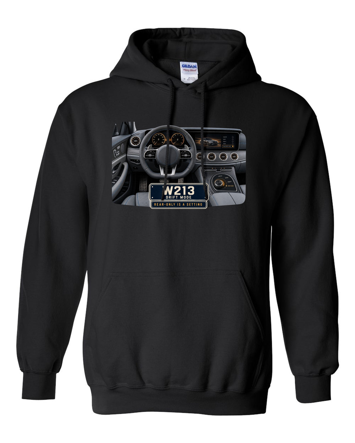 Cockpit and gauge print of a Mercedes-AMG E63 S W213 interior with drift mode black pull over hoodie front view with the design