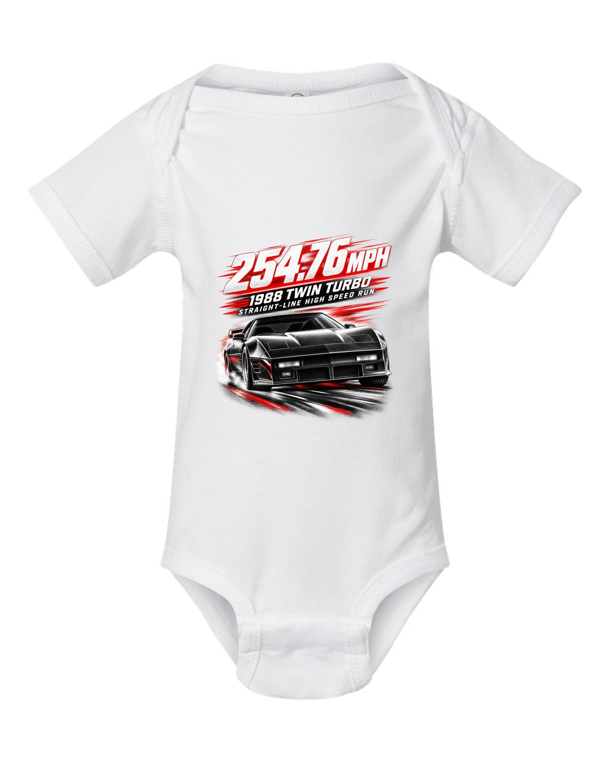Callaway Sledgehammer 1988 twin-turbo C4 coupe race poster print 254.76 mph white baby onesie front view with the design