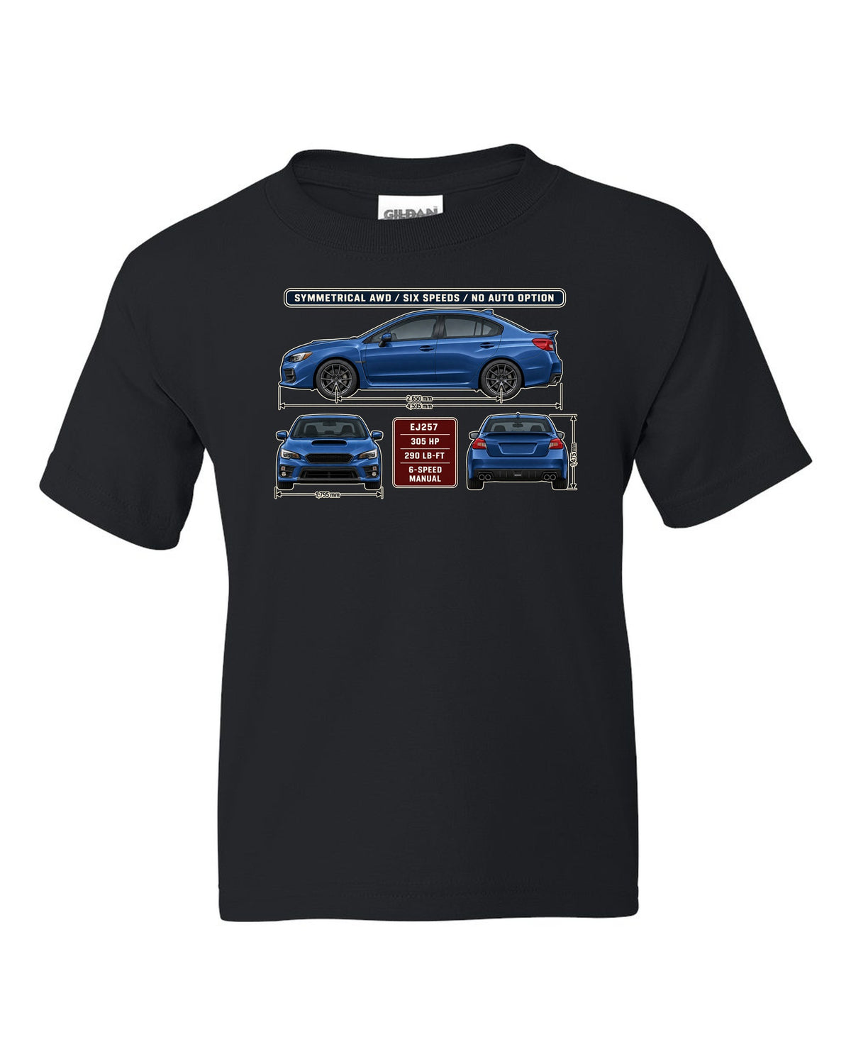 Subaru WRX STI VA graphite sedan three-view drawing with red accent black kids tee front view with the design