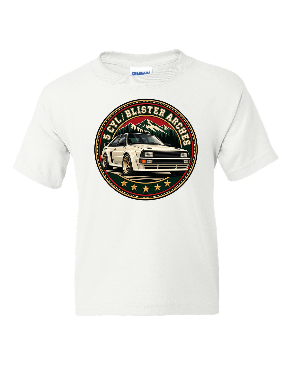 Varsity crest print of an Audi Ur-Quattro with blister arches text white kids tee front view with the design