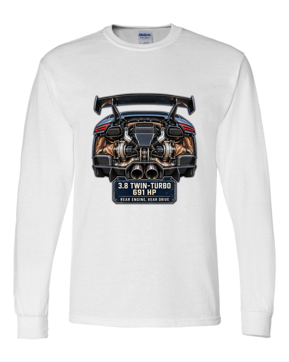 Engine hero print of a Porsche 911 GT2 RS 991.2 twin-turbo flat-six white long sleeve front view with the design