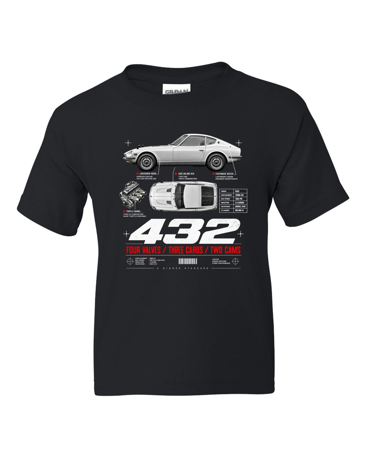 print spec poster of a 1970 Datsun Fairlady Z432 PS30 in profile and top-down view black kids tee front view with the design