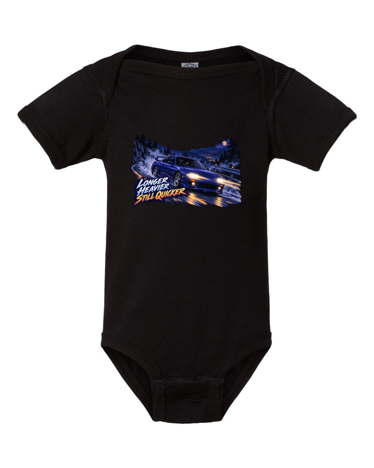 Cel-shaded 90s anime night touge print of a Nissan Skyline GT-R BCNR33 with longer heavier still quicker lettering black baby onesie front view with the design